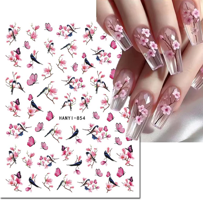 3d Nails Art Decals Cherry Blossom Pink Sakura Flowers Butterflys Black Birds Sliders Stickers Decoration For Nails Manicure