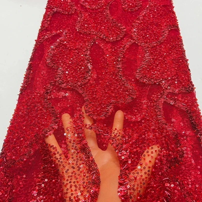French luxurious lace mesh fabric, high-quality African beaded pearl flower sequin embroidery fabric, lace trim fabric