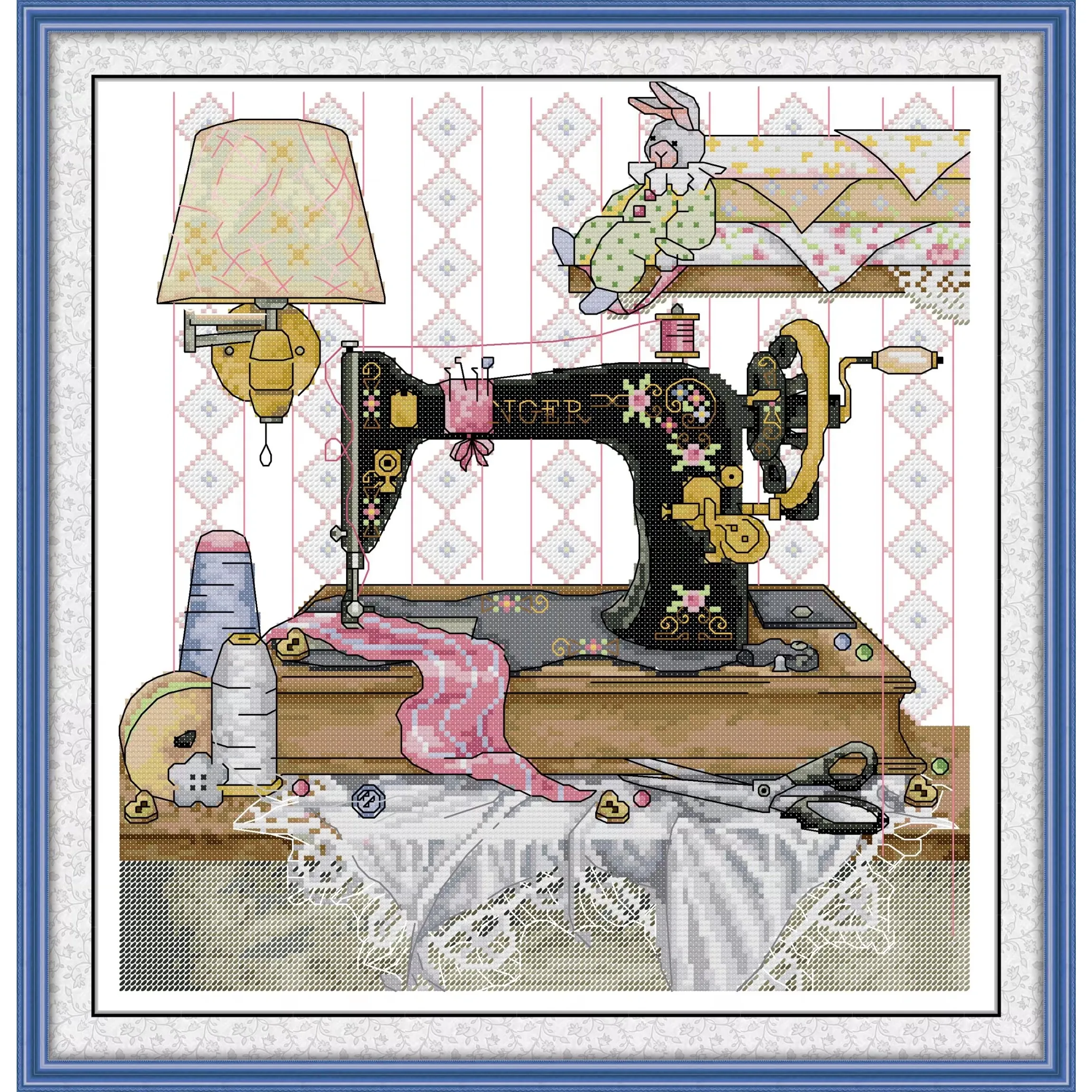 

Joy Sunday Pre-printed Cross Stitch Kit DIY Aida 14/11CT Stamped Fabric Embroidery Set-Sewing Machine with Yellow Wall Lamp