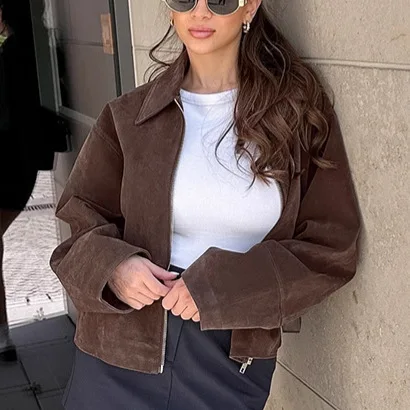 المرأة الخريف الشتاء البني سترة من جلد الغزال سستة الوقوف طوق معطف فضفاض أناقة عادية التنقل مكتب السيدات تاريخ الملابس