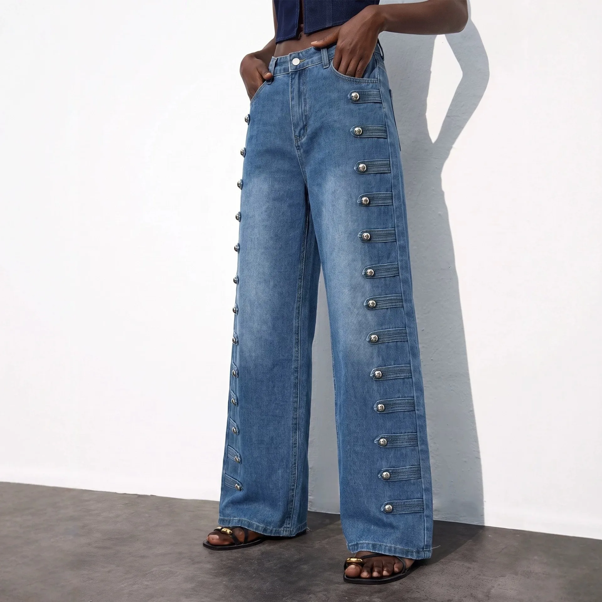 High Waist Jeans Straight Leg Distressed Wash with Western Style Streetwear Regular Thickness No Stretch Full Length Women Pants