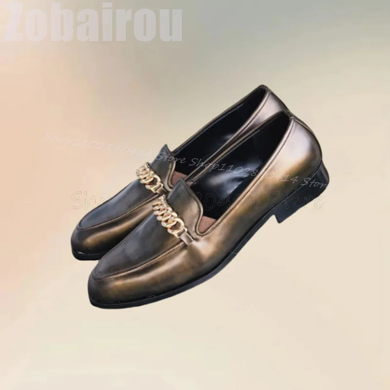 Metal Chain Decor Gold Leather Penny Loafers Fashion Slip On Men Shoes Luxurious Handmade Party Feast Banquet Men Casual Shoes