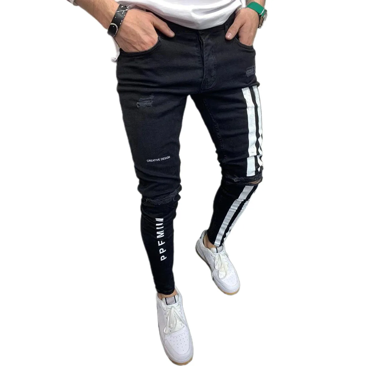 

Men's Denim Long Pants Striped & Letter Distressed Destroyed Ripped Zip Slim Jeans Wild Fashion Pull-Up Trousers