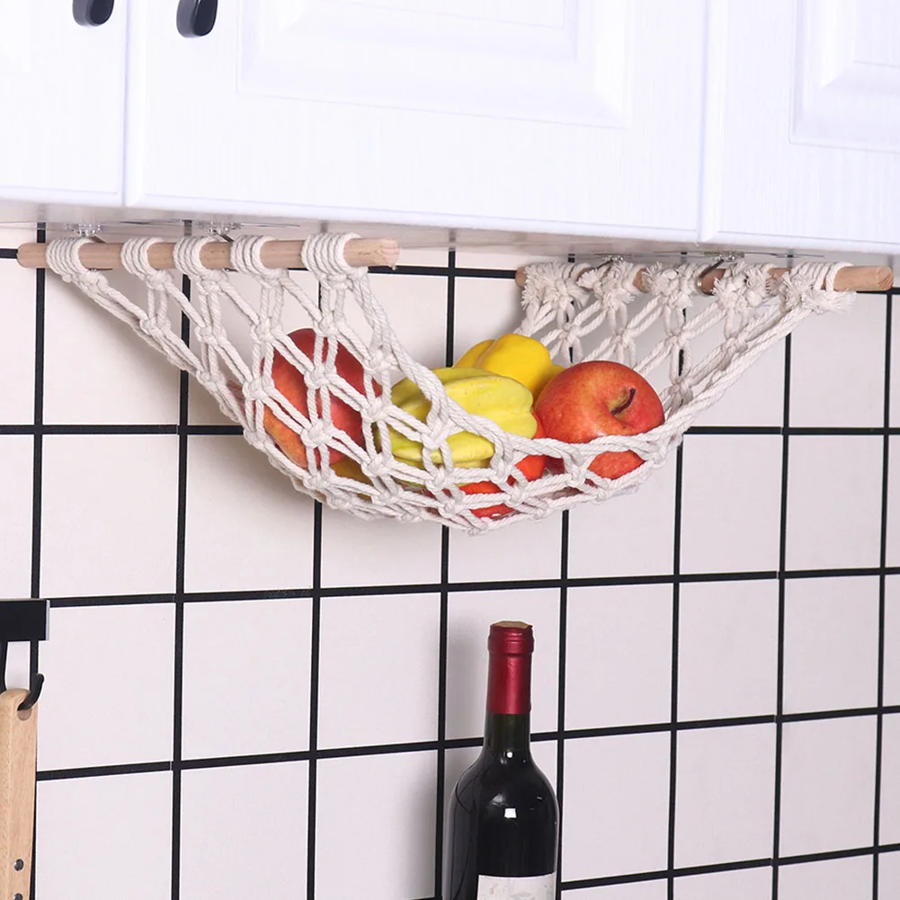 Hand-Woven Macrame Fruit Cotton Rope Net Under Cabinet Fruit Vegetable Hanging Basket Kitchen Storage Organizer Decoration