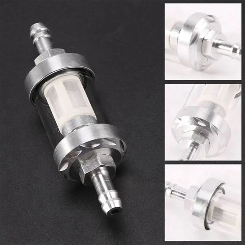 Classy-2Pcs Universal Chrome Fuel Petrol Crude Oil Engine Inline Filter 5/16  Inch 8Mm Silver For Motorcycles