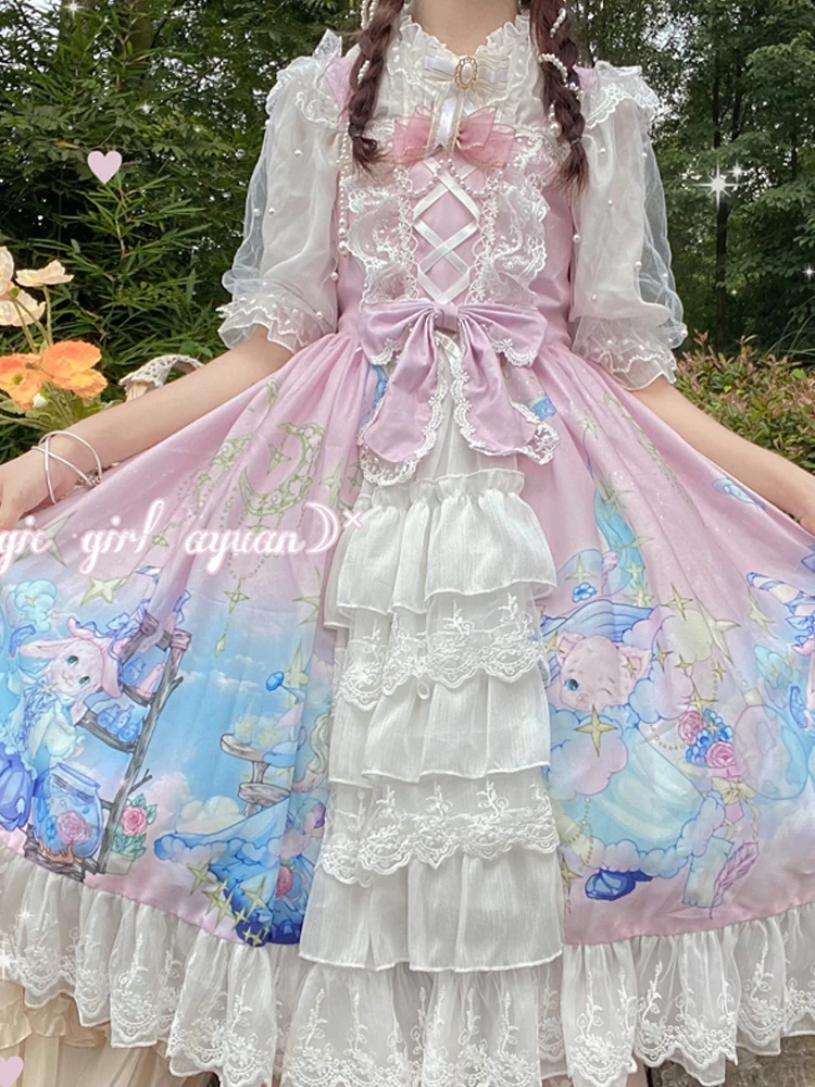 KIMOKOKM-vestidos de princesa estilo Lolita, ropa Kawaii con cuello cuadrado, lazo de encaje, volantes en cascada, sin mangas, camisola para Cosplay