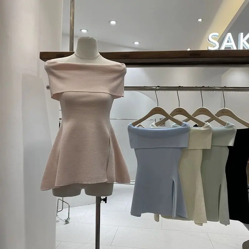 

French Elegant Off The Shoulder Sweet Women Clothes Y2k Solid Office Lady Harajuku Tops Side Dplit Design Slash Neck Pullovers