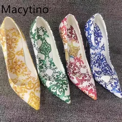 Summer New Arrival Blue and White Porcelain Fabric Pumps Thin Stilettos Pointed Toe Wedding High Heels Women Shoes