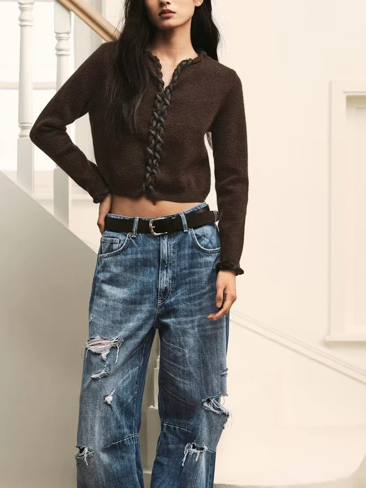 

Новая мода для женщин в европейском и американском стиле, переплетенный декоративный слой контрастного цвета, вязаный с длинными рукавами ja