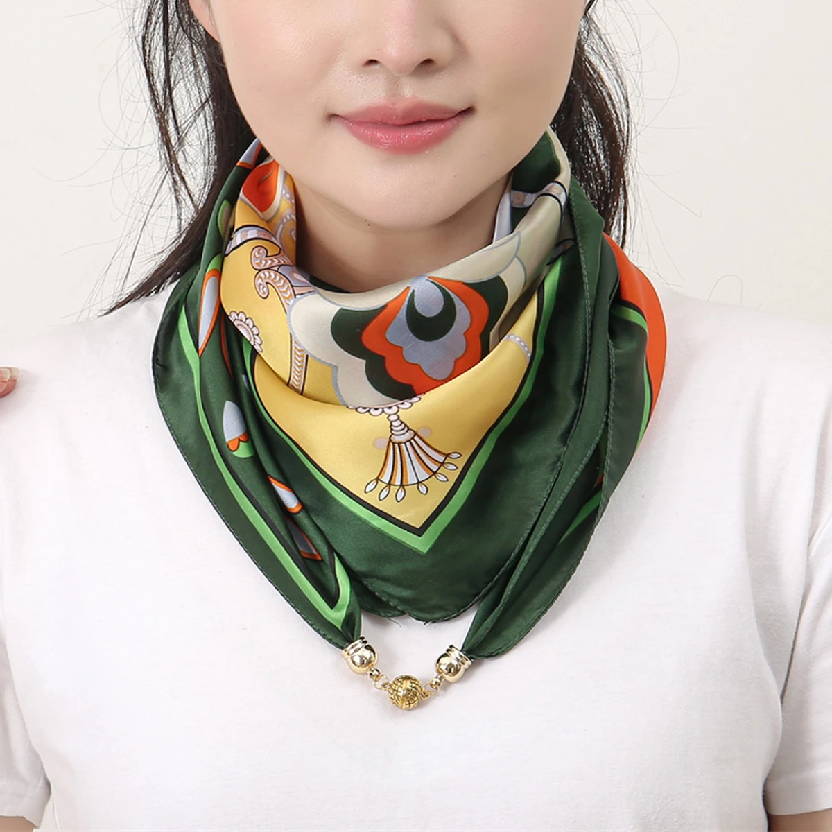 Square Silk Scarf, Small Golden Ball, Magnetic Buckle, High-end Scarf, Triangle Scarf, New Style