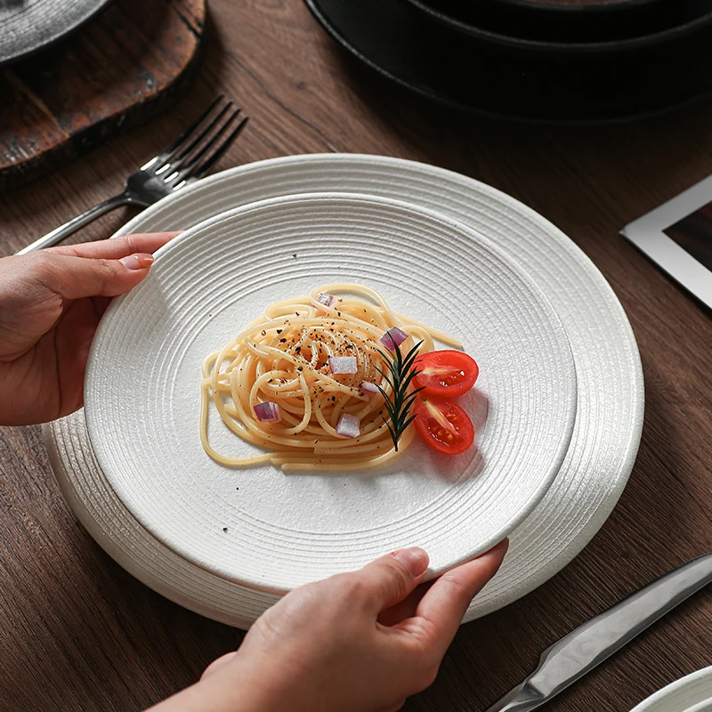 Dinner Plates Solid Ceramics Disk Steak Spaghetti Dessert Disc Frosting Linear Pattern Western Cuisine Disc Restaurant Dedicated