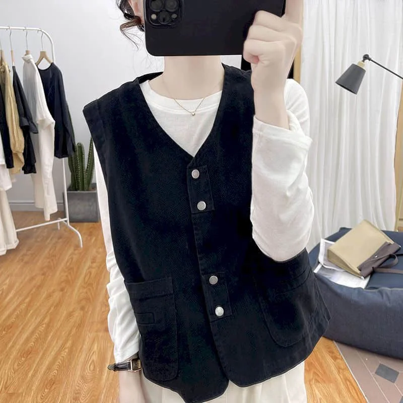 

V-neck Vest Autumn Cotton Aesthetic Waistcoats Casual Cardigans Korean Style Oversized Sleeveless Cropped Coats Women Clothing