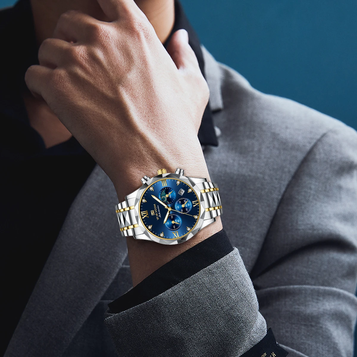 Stainless Steel Mens Watch Multifunctional Sub Dial Luxury Rhinestone Blue Gold Dial Fashionable Business Style Quartz Men Watch