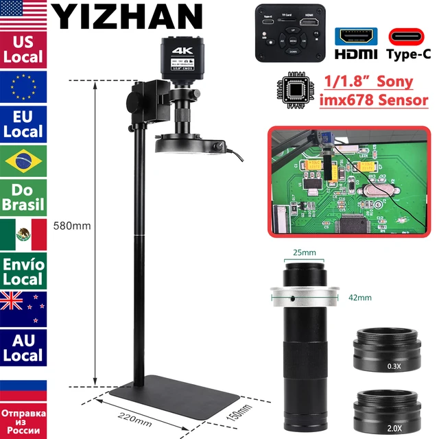 Mikroskop przemysłowy 4K UHD z cyfrową kamerą C-Mount do lutowania PCB, naprawy telefonów komórkowych, mikroskop do lutowania, z przedłużonym statywem.