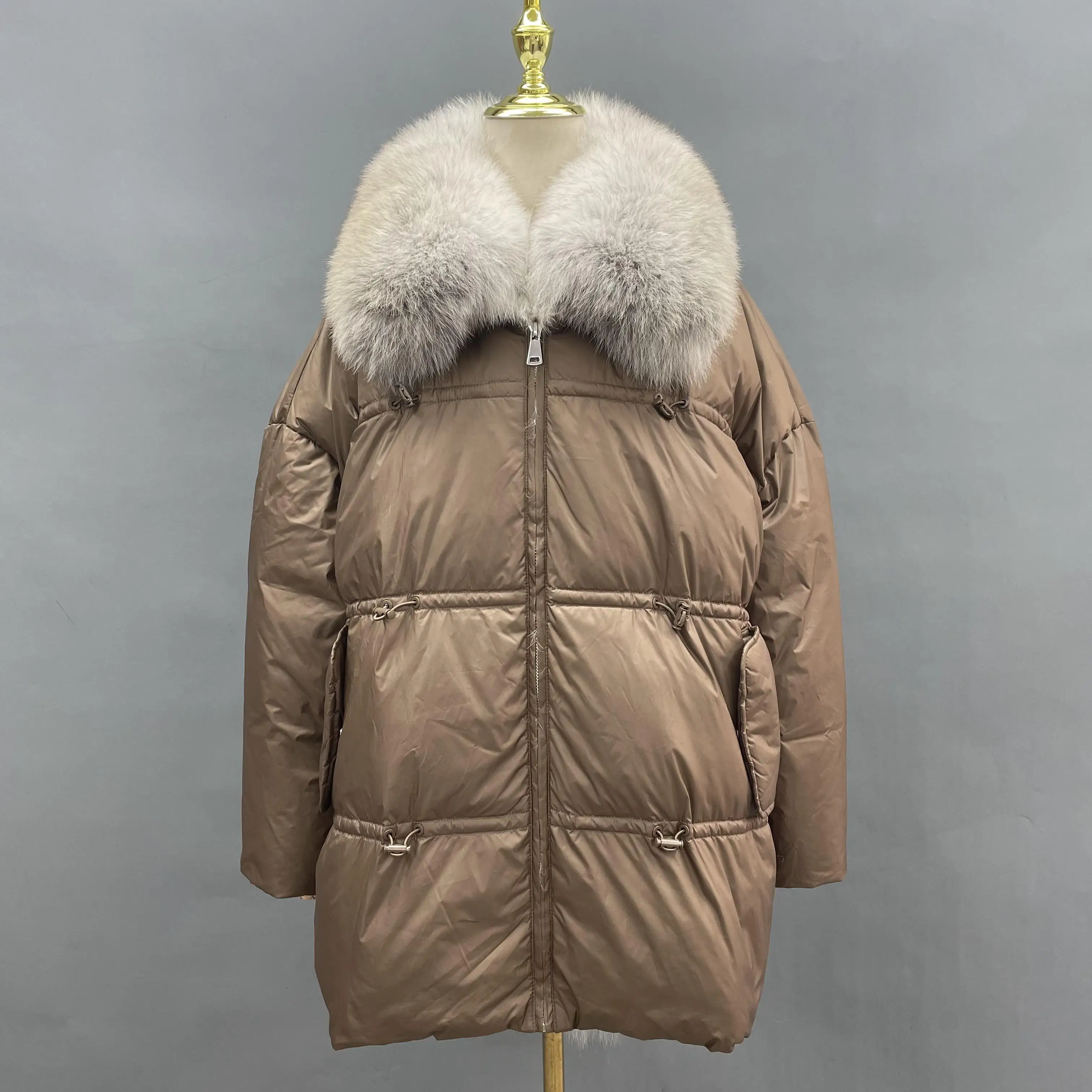 2023New Winter Down Jacket Women\'s Goose Down Mid-length Thickened Waist Closed Fur Collar