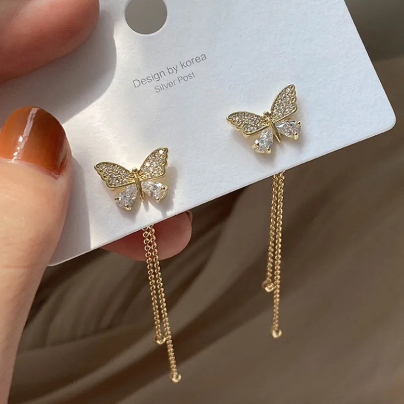 New Korean Temperament Long Tassel Butterfly Drop Earrings Elegant  Crystal Hanging Women's Earrings Fashion Party Jewelry Gift