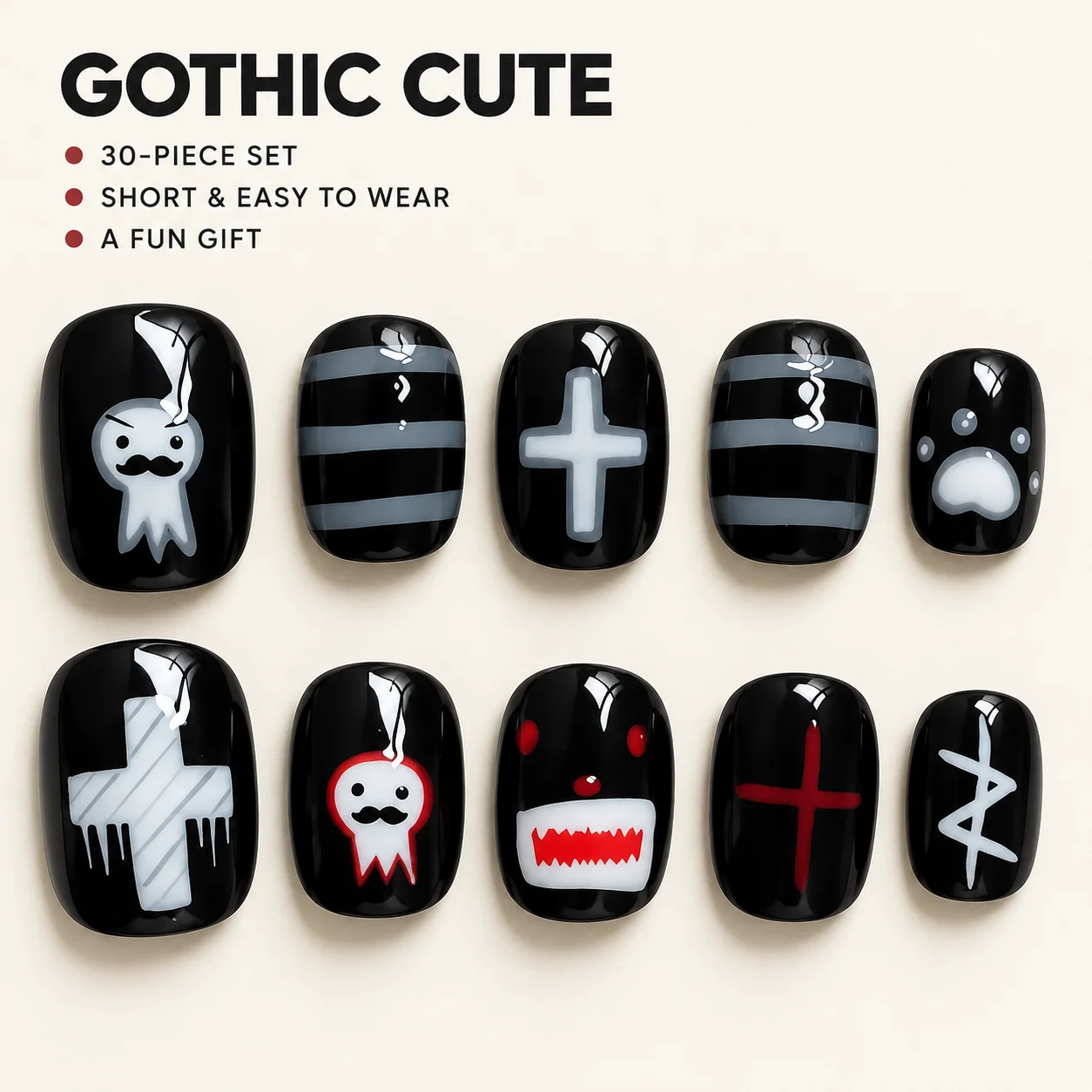 30PCS Cute Cartoon Niche Press-On Nail Stickers for Fall/Winter, Short Bean-Shaped Fake Nails Gift for Girls and Friends