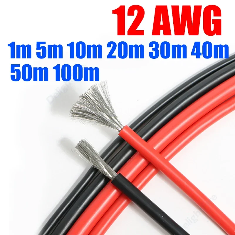 12 AWG Silicone Electrical Wire 1-100m Red Black Heat Resistant Tinned Copper Wire for Solar Panel Battery Leads Inverter Auto