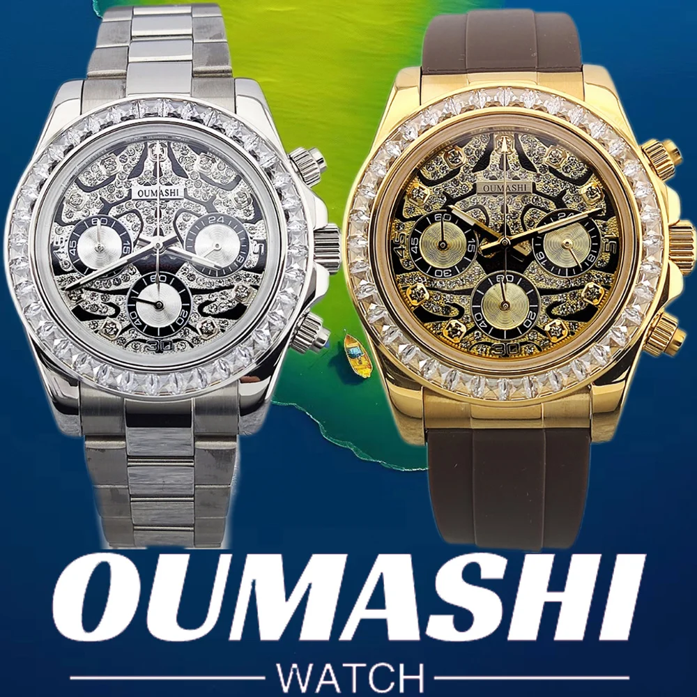 OUMASHI 39.3mm Luxury men's Watch VK63 Dial Gemstone Men's Brand Chronograph VK63 sapphire glass stainless steel strap