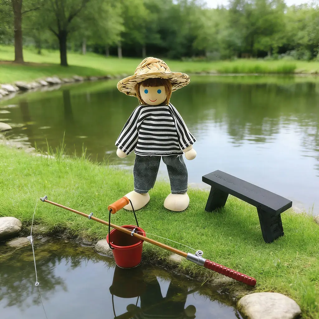 1:12 Dollhouse Miniature Fishing Set - Realistic Fishing Rod, Bucket, Bench & Straw Hat, DIY Micro Scene Model Accessory