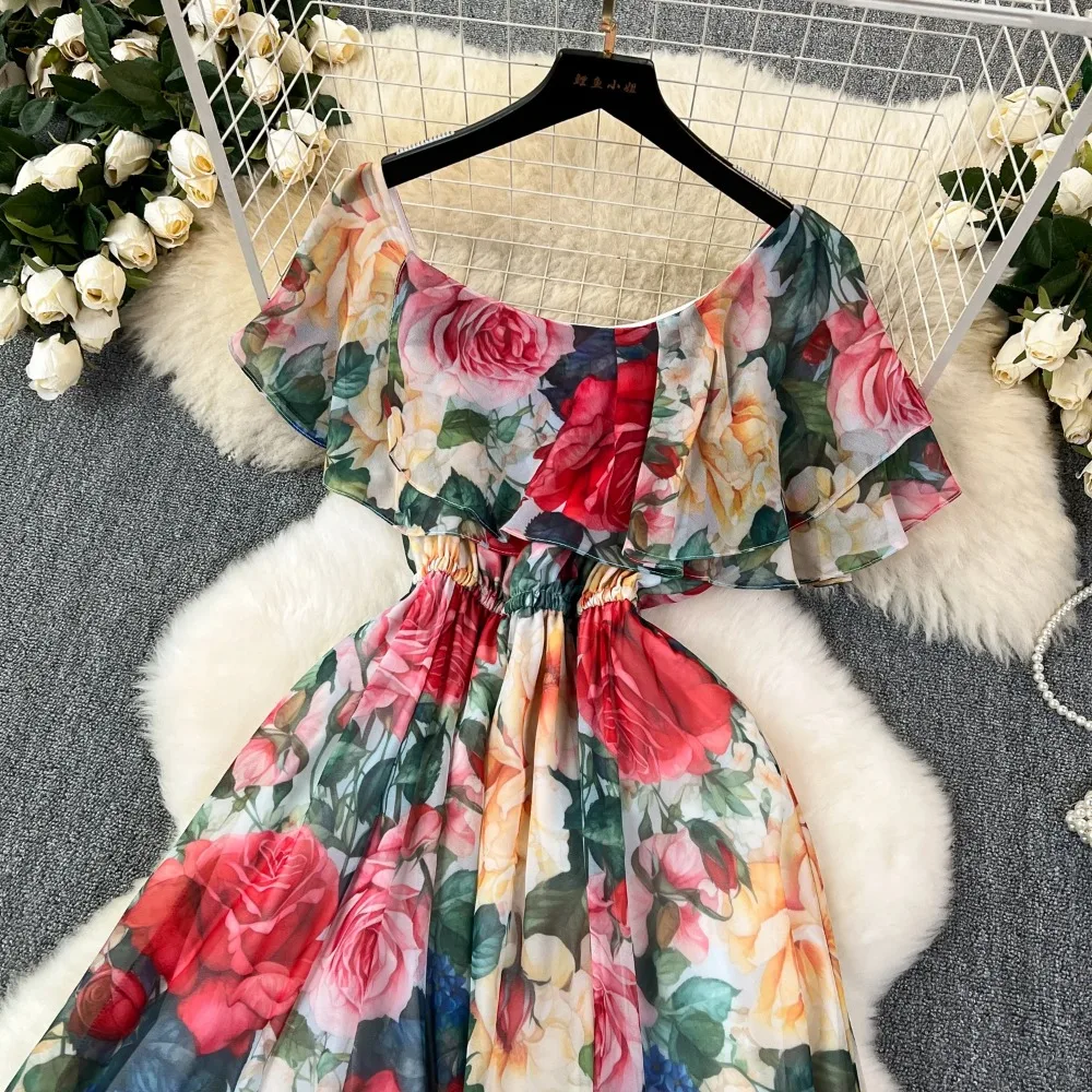 Retro Elegant  off shoulder Ruffle Print chiffon Dress korean fashion A-line Casual High Waist Women summer Beach dresses