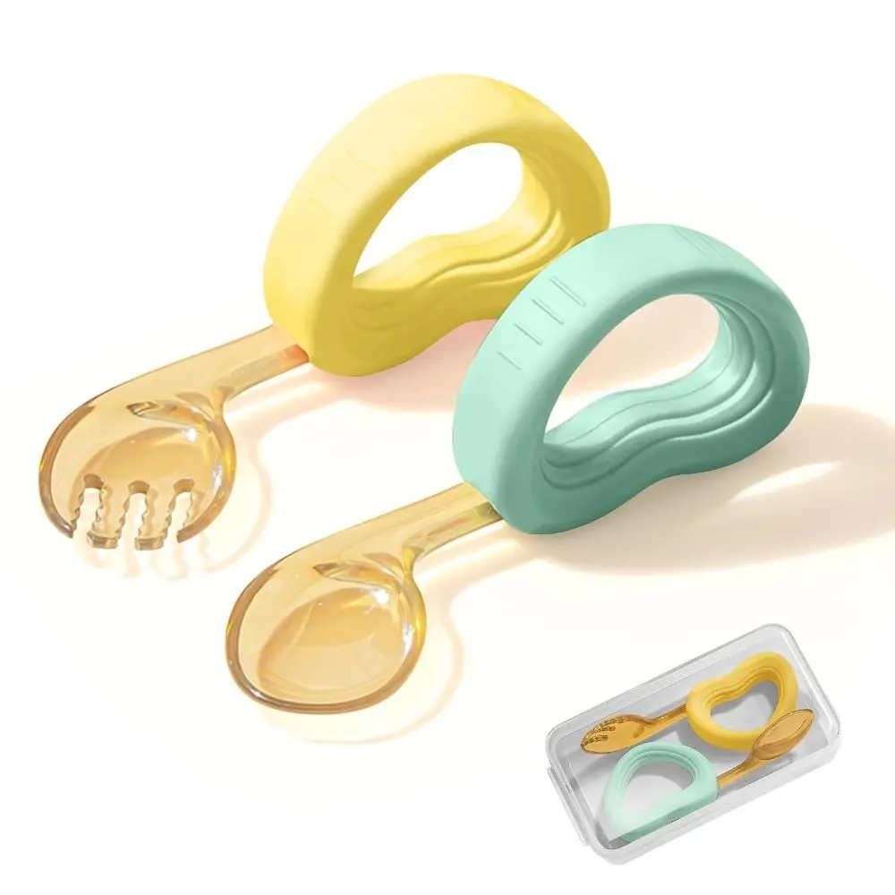 

Portable Toddler Forks and Spoons Set Silicone Easy-Grip Handle BPA-Free Baby Utensils with Storage Box