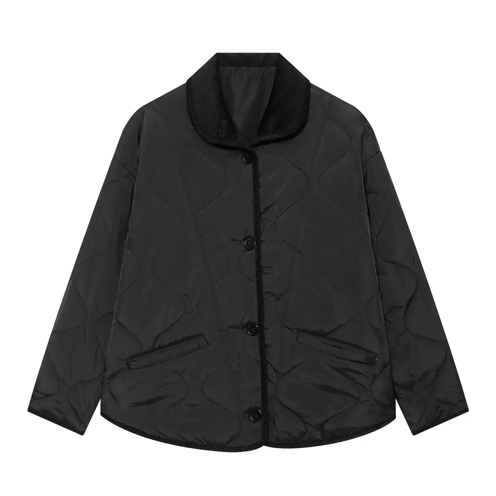 Casual Contrast Color Single Button Wave Stitching Collar Cotton Jacket Women's Fashion Spring Autumn Winter Seasonal Outerwear