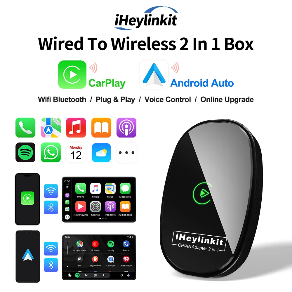 iHeylinkit 신형 무선 카플레이 안드로이드 오토 무선 어댑터 스마트 미니 박스 플러그 앤 플레이 연결 98% 차량 호환