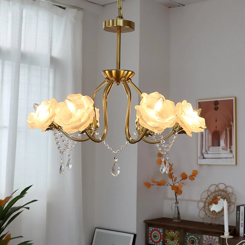 American-style Rose Flower Lampshade Crystal Chandelier Vintage Copper-colored Pendant Light For Living Room Dining Room Bedroom