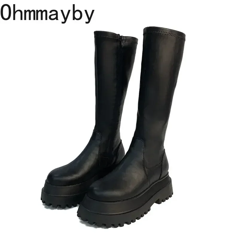 Botas Altas para Joelho com Plataforma Grossa para Mulheres, Salto Longo, Dedo Redondo, Zíper, Sola Grossa, Moda Feminina, Inverno, 2022