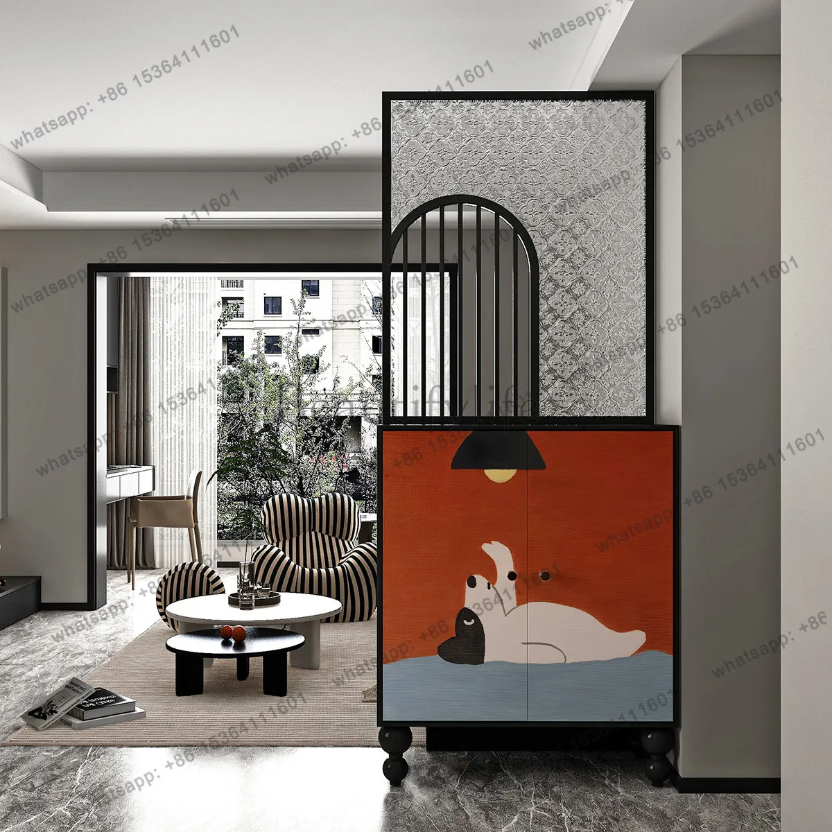 Simple modern glass screen partition entrance door and wood porch cabinet are integrated
