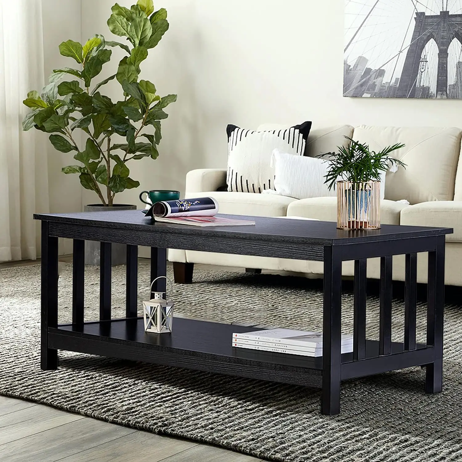 

Mission Coffee Table, Black Wood Living Room Table with Shelf