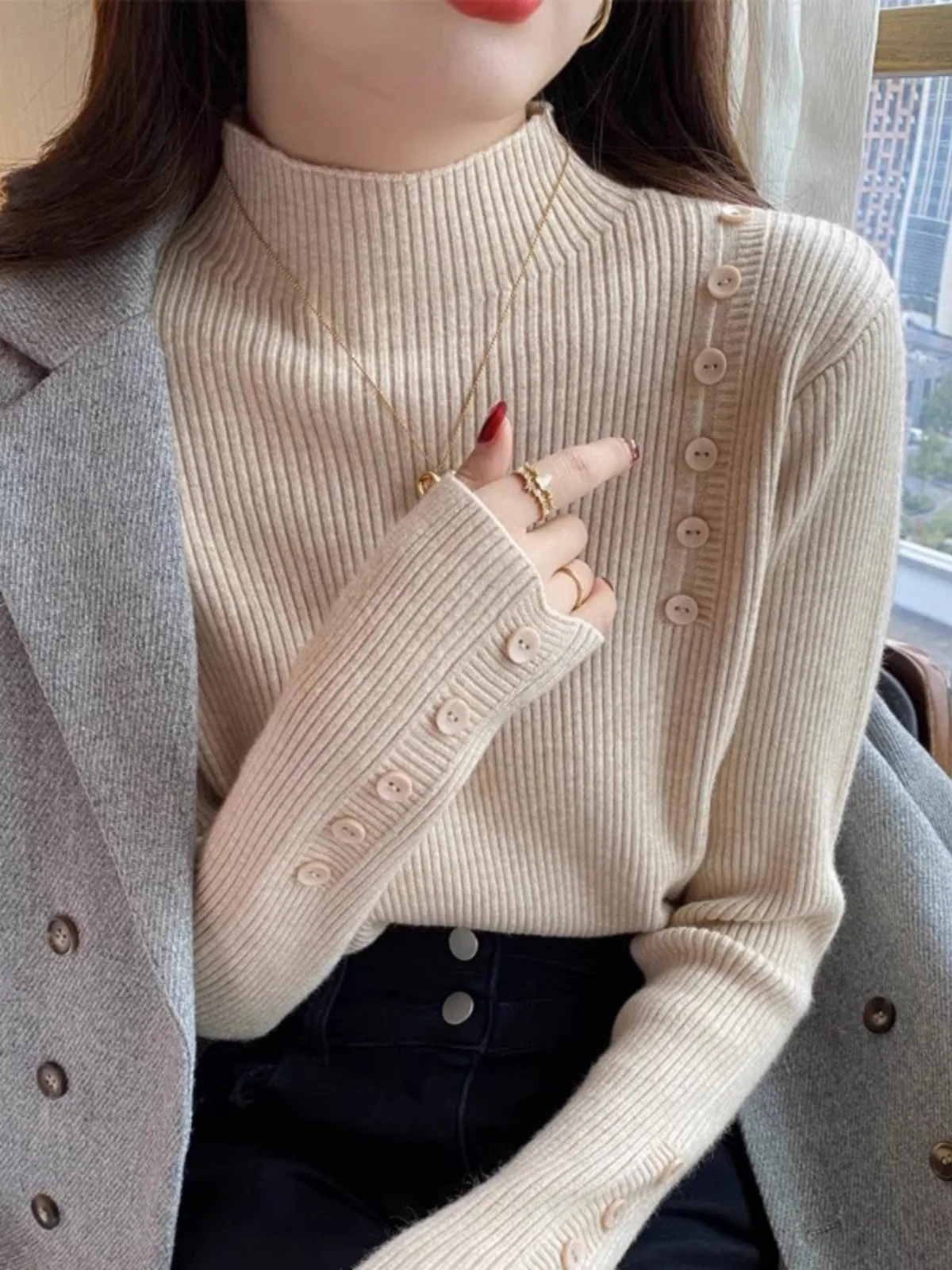 

Женский однотонный пуловер, осень-зима, тонкий узкий эластичный вязаный свитер с воротником-стойкой, женский вязаный низ на пуговицах с длинными рукавами