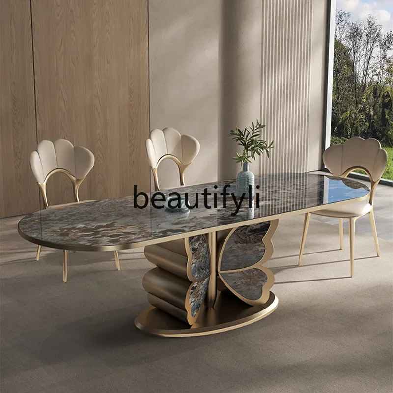 

X Marble Dining Table and Chair Set Modern Simple Rectangular Villa Rock Slab Dining Table