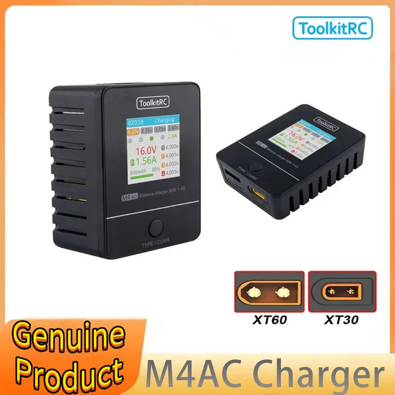 

ToolkitRC M4AC 30 Вт Зарядное устройство для баланса ЖК-экрана 2S 3S 4S Lipo AC100-240 В XT60 Интерфейс 100-240 В для аккумулятора гоночного дрона на радиоуправлении