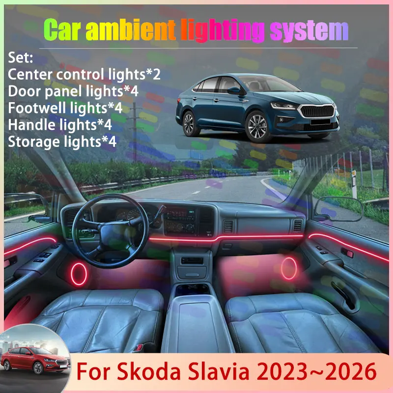

Для Skoda Slavia Volkswagen Virtus VW 2023 ~ 2026 2/18 в 1, автомобильная атмосферная лампа, RGB абажур, ансамбль, стример, атмосферный набор