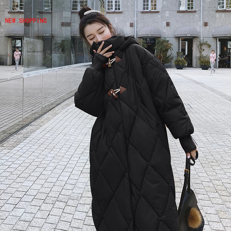 Women Winter Horn Buttons Parkas Oversized Beige Long Cotton Coat Black Hooded Thick Jacket Full Sleeve Loose Overcoat Fashion