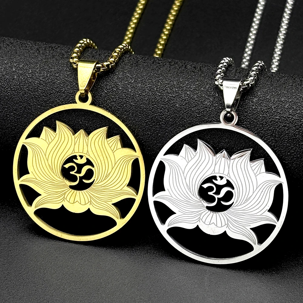 

Lotus Flower OM Symbol Hindu Buddhist Pendant Necklace for Women Men Stainless Steel Gold Silver Color Healing Chain Jewelry