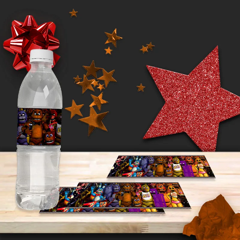 6 قطع من ملصقات FNAF لزجاجات المياه، خمس ليالٍ في زينة عيد ميلاد فريدي لمستلزمات حفلات الهالوين