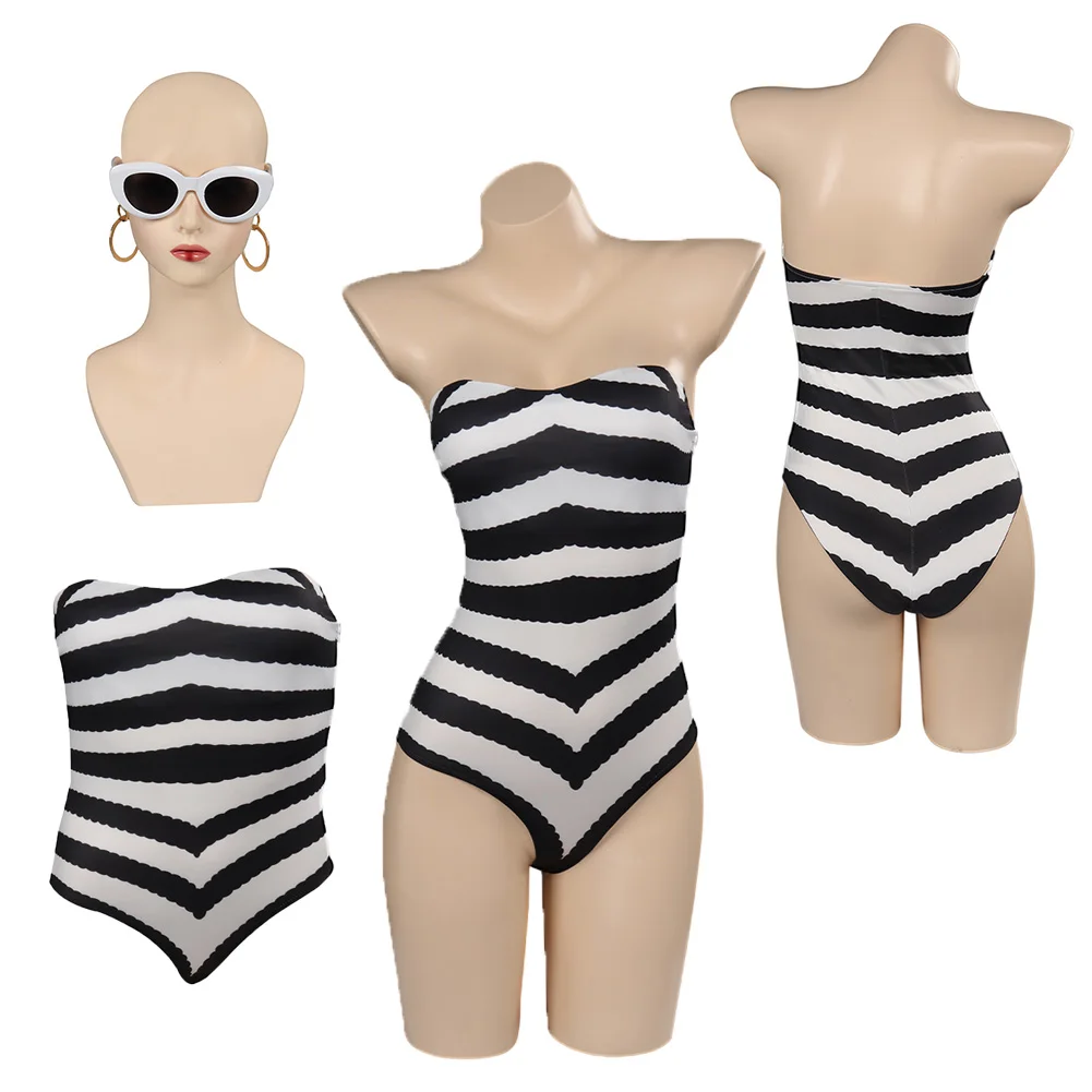 

Margot Cosplay Sexy Black White Stripped Swimsuit Summer Women Gils Costume Fantasia Halloween Beach Party Disguise Suit