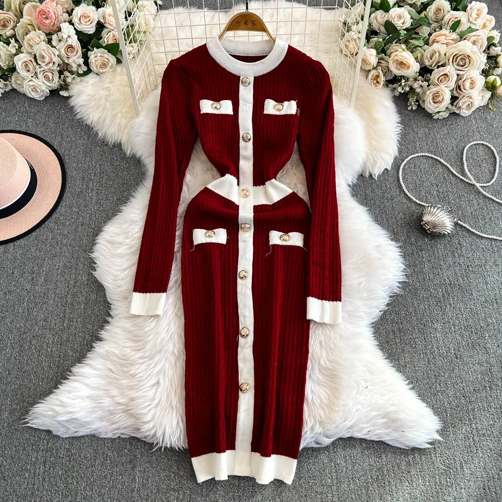 Chic O-neck Elegant Long Sleeve Metal Buttons Slim Patchwork Knit Dress High Street Women Vintage Korean Autumn Winter Clothing