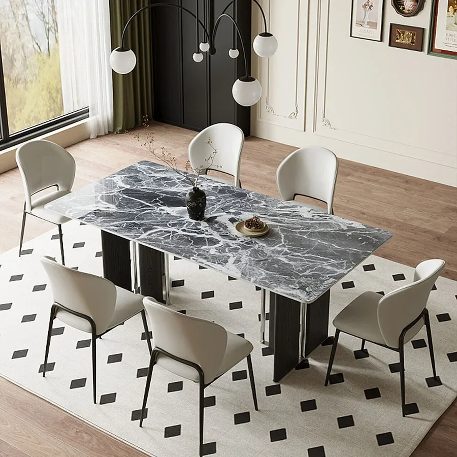 A Moderner Luxus Marmor Rechteckiger Esstisch Beine aus Kohlenstoffs tahl Home Hotel Apartment Wohnzimmer Badezimmer möbel