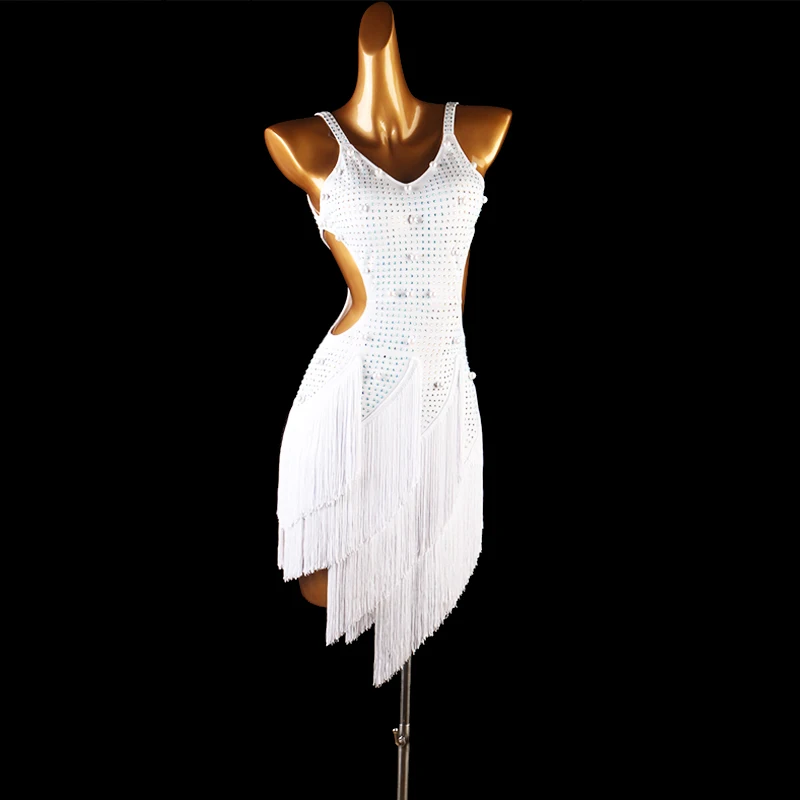 

Professional Skirt Performance Competition V-neck Latin Dance Tassel One Piece Dress Rumba Samba
