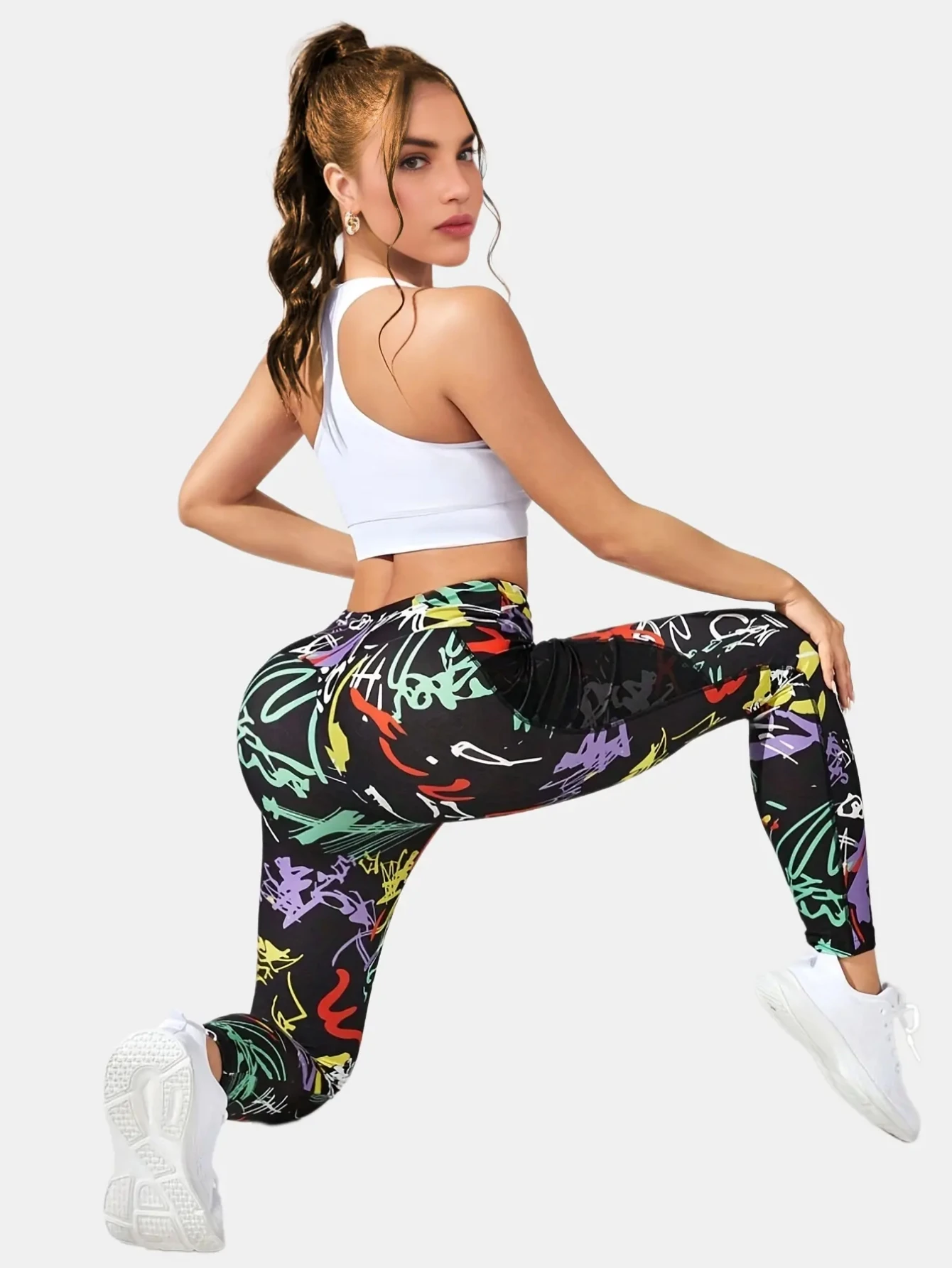 Yoga Trendy Graffiti Print Wideband Waist Sports Leggings With Phone Pocket