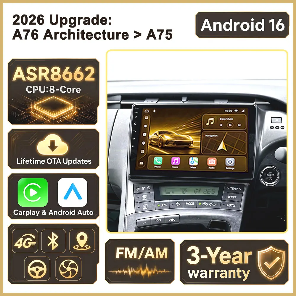 Cortex-A76 Octa-Core Android 16 Car Stereo For Toyota Prius 3 XW30 2009 - 2015 LHD RHD Car Radio GPS Dash Cam Multimedia Player