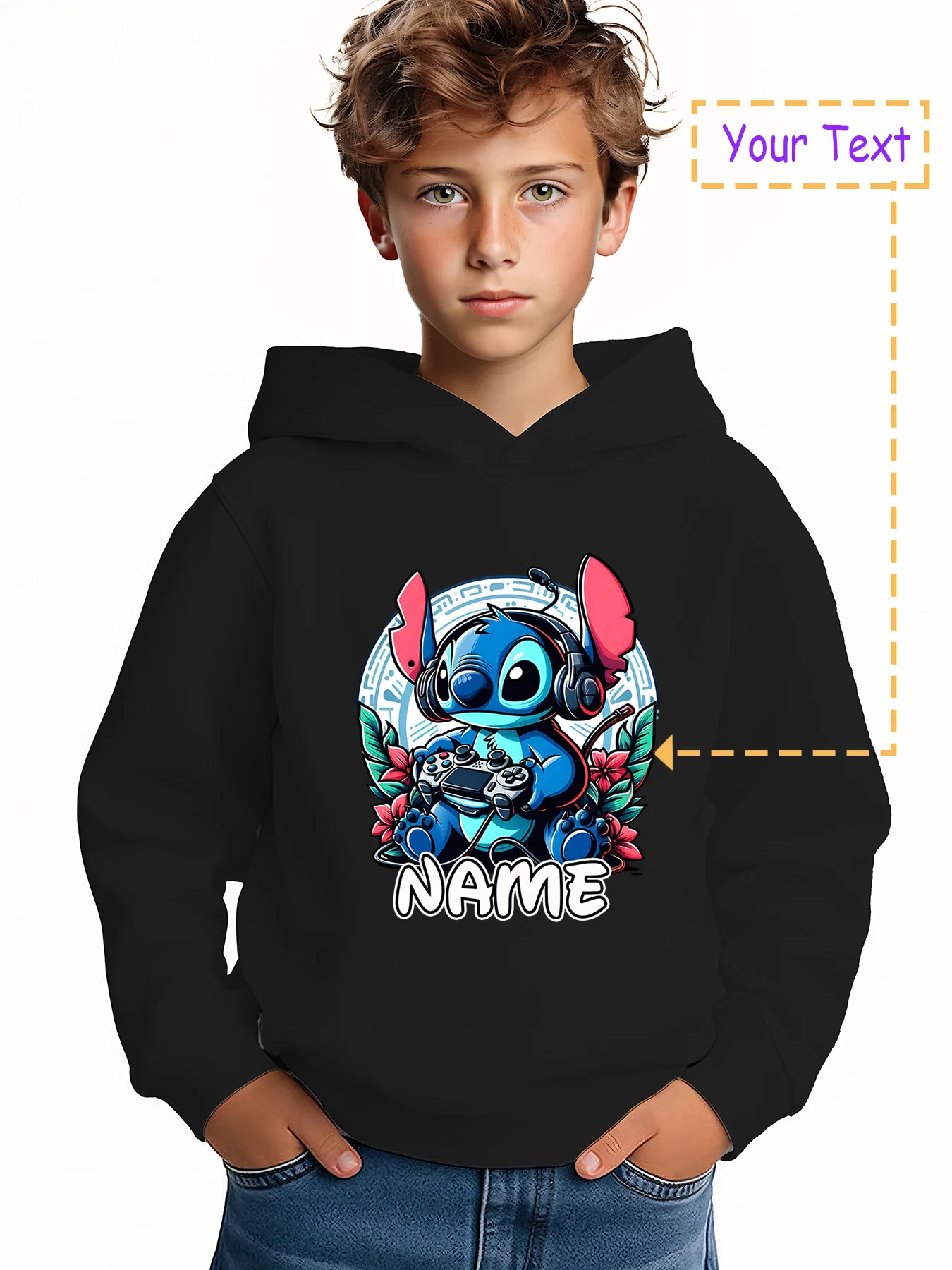 

MINISO Gamer Stitch Hoodie - Stitch plays games with headphones, and the "NAME" logo is customizable for a cool look
