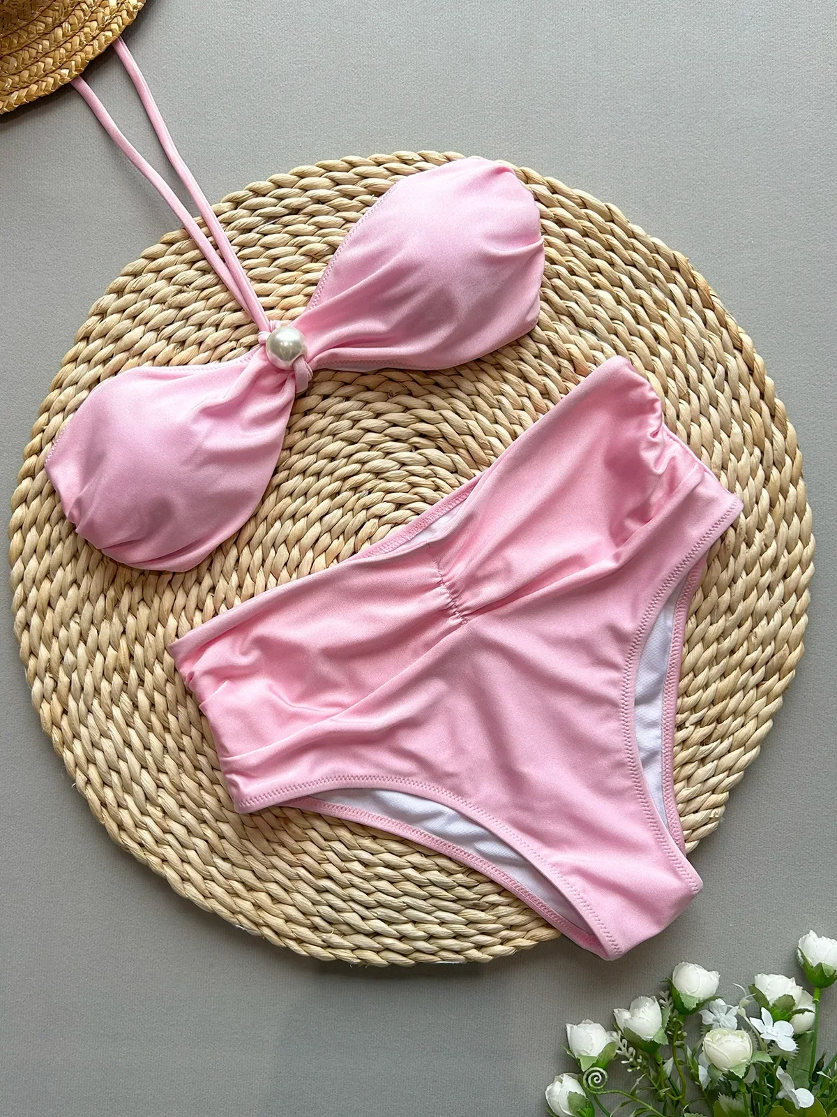 

Sexy Bandeau Bikini 2025 Women Pink Front Tie Pearls Pleate Push Up Cross High Waist Swimsuit Beach Bathing Suit Swimwear