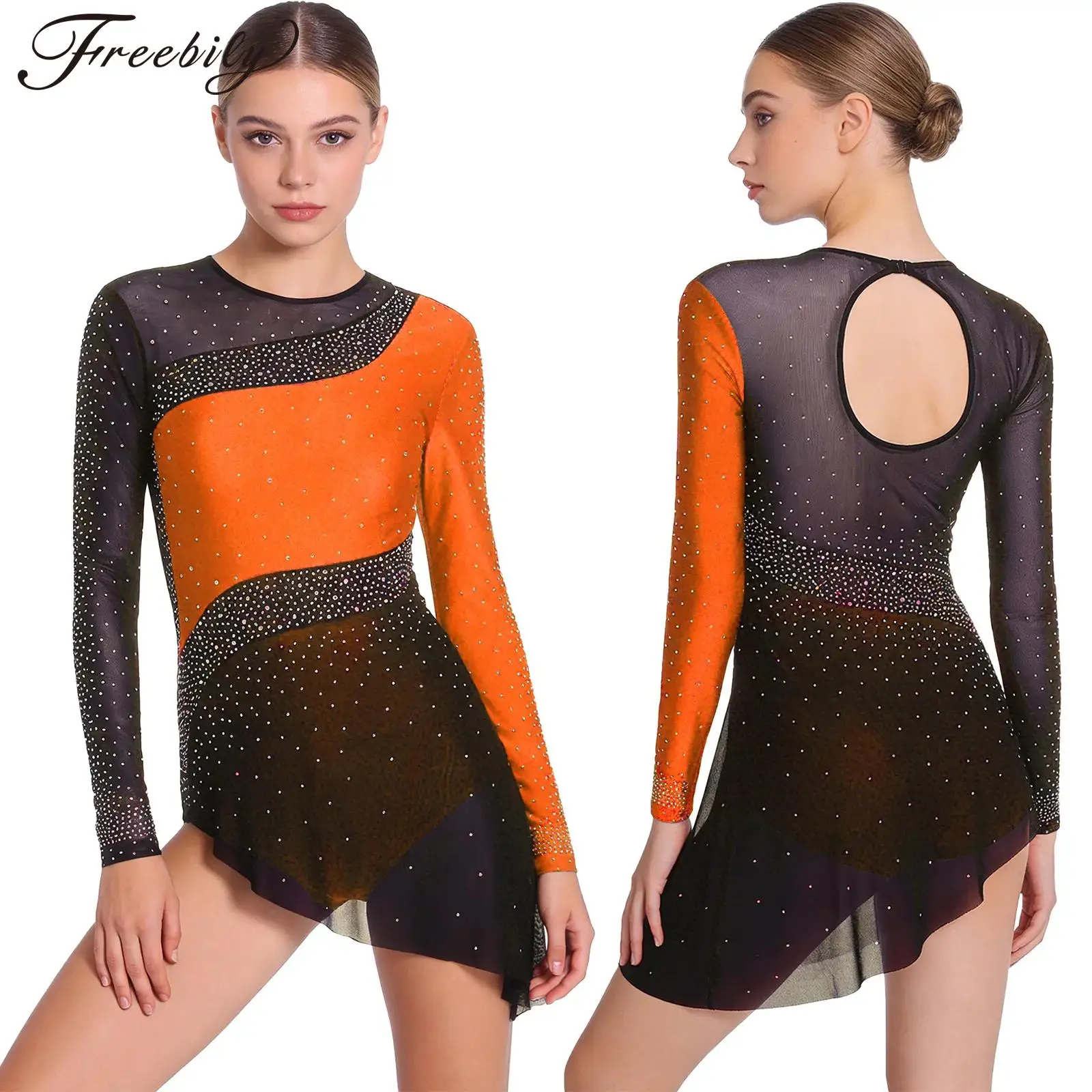 

Женское платье для фигурного катания с длинным рукавом, сетчатое, со стразами, для латиноамериканских танцев, танго, ча-ча, румбы, самбы, гимнастики