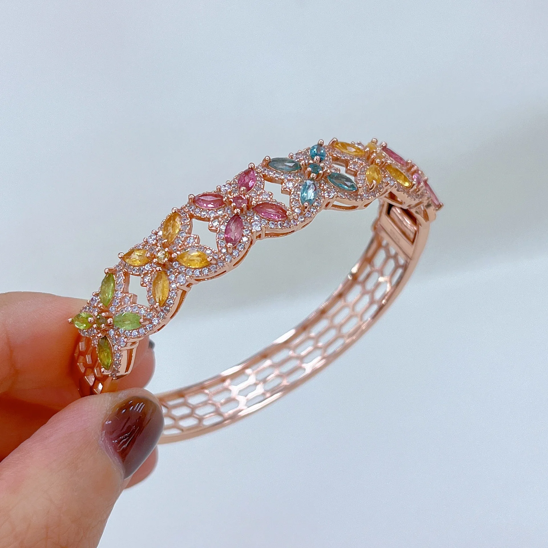 Natural Tourmaline Bracelet with Certificate (Random Color), S925 Silver Rose Gold Plated Gemstone