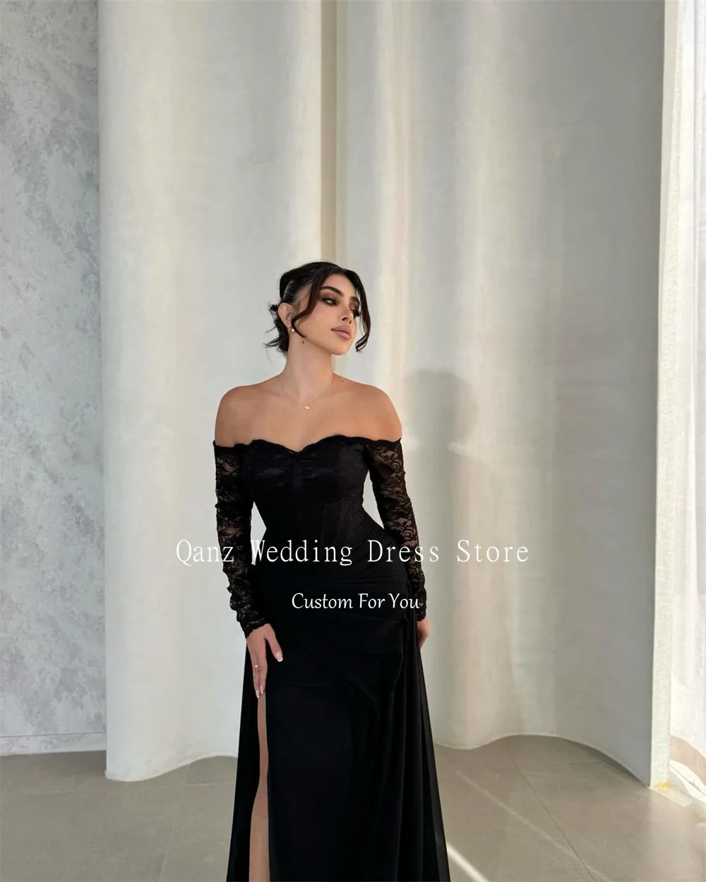 Qanz Customized Black Formal Evening Dresses Women Plus Size Full Sleeves Lace High Slit Prom Dress Mermaid Party Long Dress